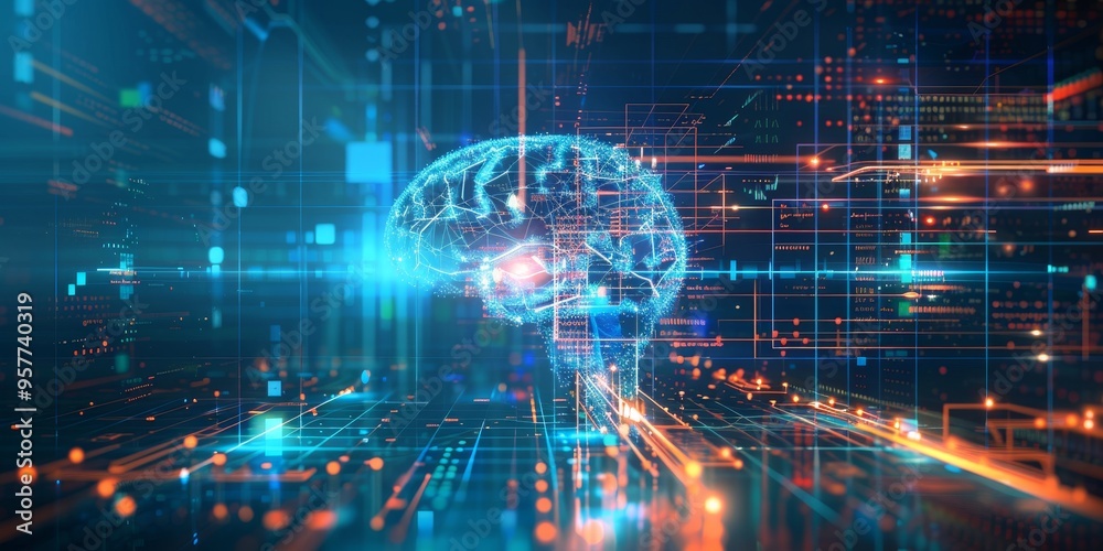 Poster Machine learning and artificial intelligence technology with digital data processing on abstract futuristic background