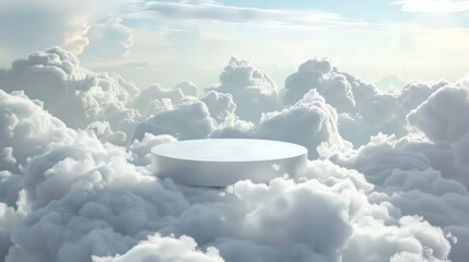 A white circular podium rests on a bed of fluffy clouds, bathed in the soft light of the sky.