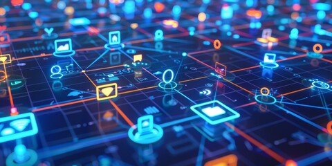 A network of interconnected mobile devices with app icons, symbolizing wireless communication and mobile technology