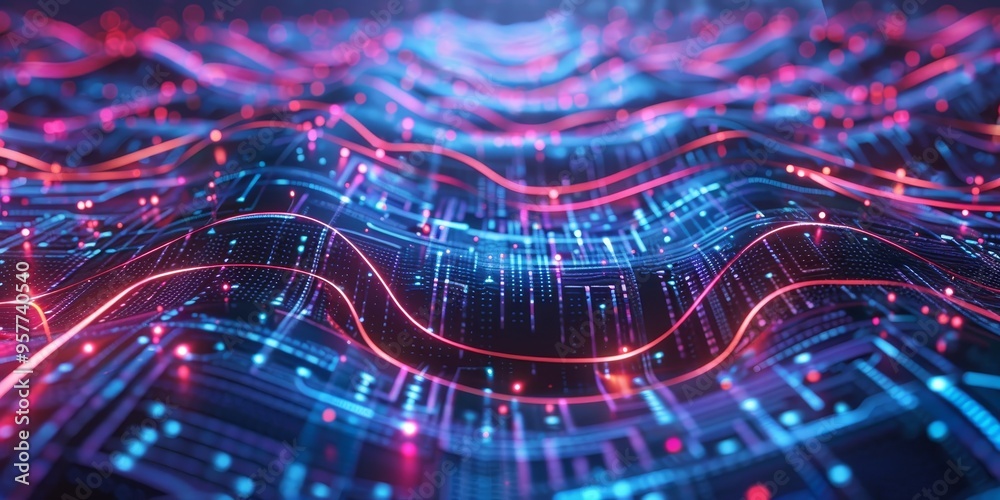 Poster Machine learning algorithms and AI technology concept with digital data flow on abstract futuristic design