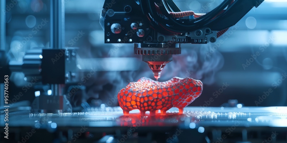 Aufkleber 3D printing technology with robotic arm creating object layer by layer, showcasing additive manufacturing