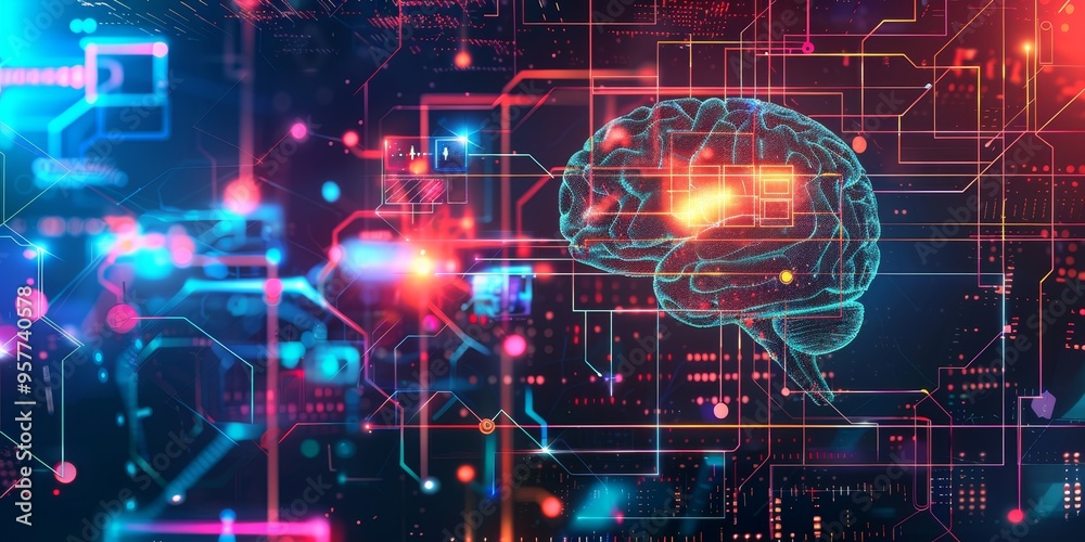 Poster Machine learning algorithms and AI technology concept with digital data flow on abstract futuristic design