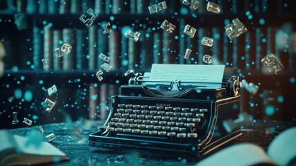 Vintage Typewriter with Falling Letters and Books