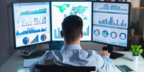 Obraz premium Conceptual image of a web developer analyzing website performance metrics on a digital screen