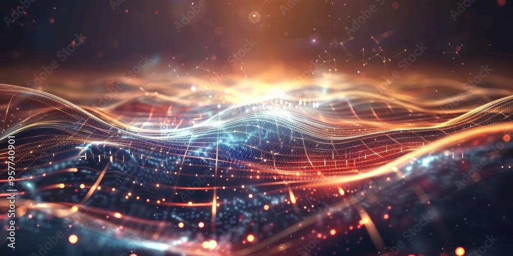 Poster Quantum physics concept with abstract digital particles and wave function, symbolizing quantum mechanics and scientific research