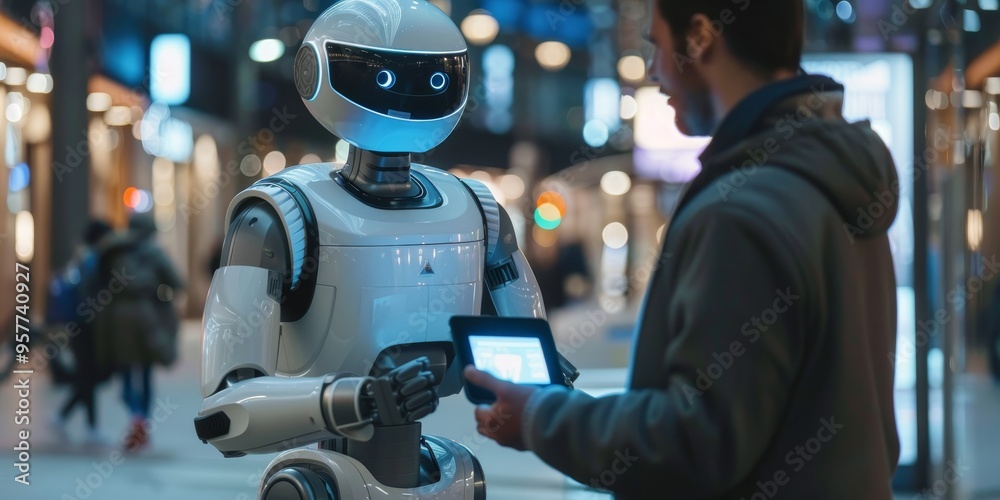Aufkleber Robotics technology with humanoid robot interacting with human, showcasing AI and robotics in industry