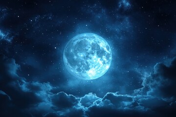 Full Moon and Stars Shining Through Cloudy Night Sky