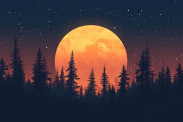 Naklejka premium Silhouetted Pine Trees Against a Large Orange Moon and Starry Night Sky