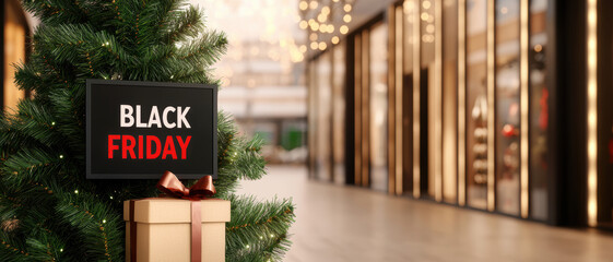 Black Friday sale sign on a decorated Christmas tree in a shopping mall, blurred background with store fronts and festive lights.