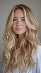 Fototapeta premium A blonde woman with long hair is smiling for the camera