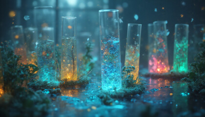 A medical lab with test tubes containing micro-ecosystems, generative ai
