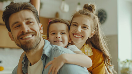 Smile, family and portrait on shoulder by sofa for weekend fun