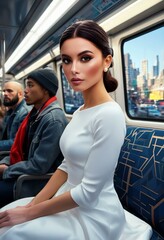 Woman In A White Dress On Subway