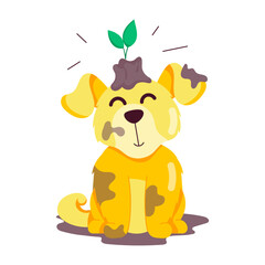 A flat style sticker of dirty dog with mud 