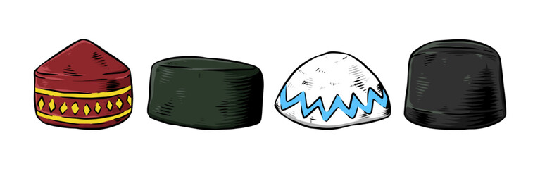 Set hand drawn vintage engraving of muslim cap, skull cap, kopiah, songkok, peci. Isolated on white background. Colored vector illustration.