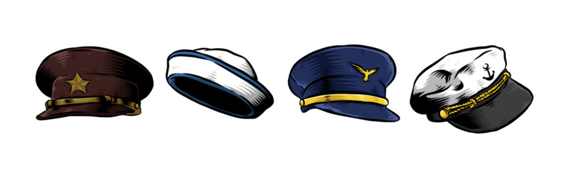 Set hand drawn vintage engraving of police hat, sailor hat, pilot hat. Isolated on white background. Colored vector illustration.