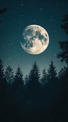 Full Moon Over Silhouetted Forest Trees at Night