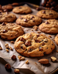 Freshly baked chocolate chip cookies with almonds