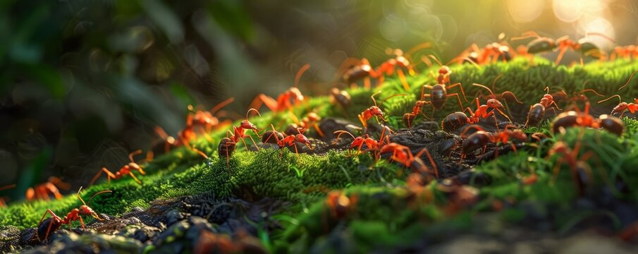 Busy ant colony teamwork on forest floor, 4K hyperrealistic photo
