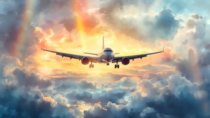 Fototapeta premium A serene scene of a plane flying amidst soft, billowing clouds, with a brilliant rainbow stretching across the horizon, captured in delicate watercolor strokes