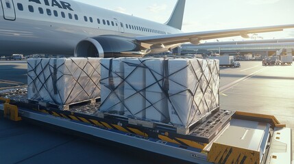 Obraz premium Cargo Loading at Airport Airplane Loading Airplane Cargo Air Freight Cargo Transportation