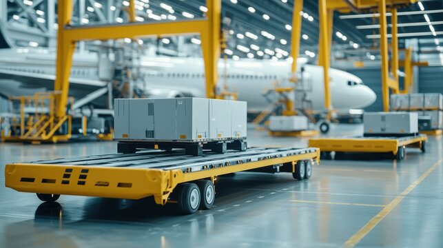 Cargo Pallet Truck in Airport Hangar with Airplane in Background