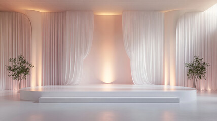 A sleek white platform stage with minimal decor, soft lighting, and elegant drapery creates serene atmosphere. Perfect for events or presentations.