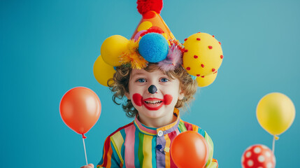 Funny kid clown against blue background. Birthday and 1 April Fool's day concept. Copy space.
