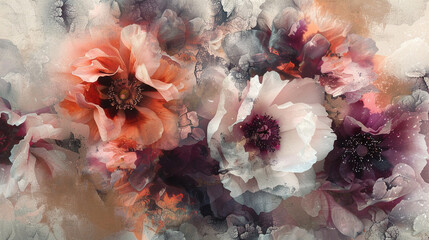 close up sensual flowers, abstract paint textures, tones of coral, white, beige, pink and dark purple