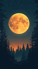 A Large Orange Moon Above a Silhouetted Forest Under a Starry Night Sky