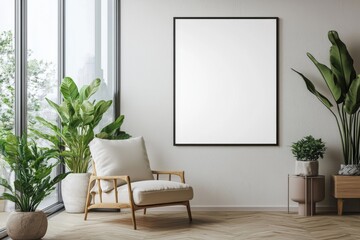 Poster Frame in Beige minimalist living room interior created with generative AI