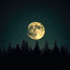 Fototapeta premium Full Moon Over Silhouetted Forest at Night
