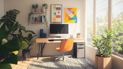 Modern Home Office Interior Design with Desk  Chair  Plants and Geometric Art