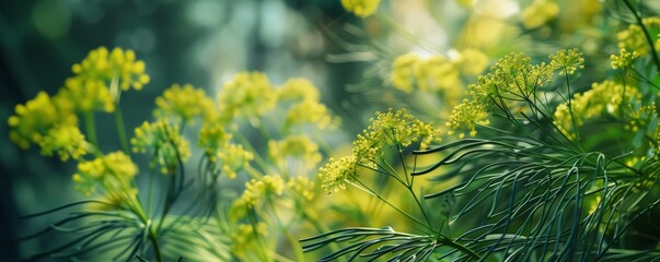 Fresh dill herb with flowers in garden, 4K hyperrealistic photo