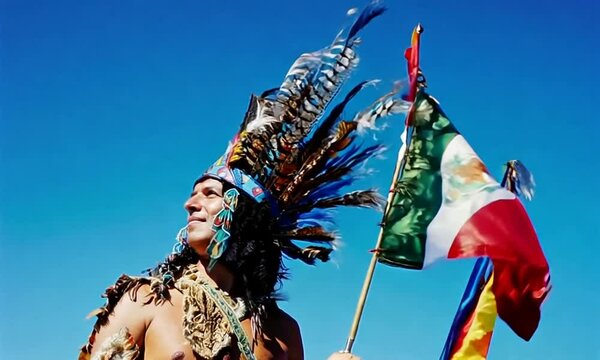 Aztec man with Mexico flag 