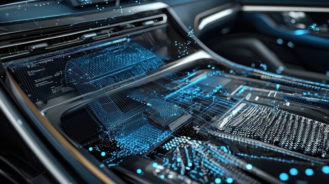 Futuristic Car Interior with Holographic Display and Blue Lines