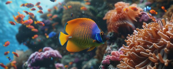 Obraz premium Charming angelfish darting among coral formations, 4K hyperrealistic photo