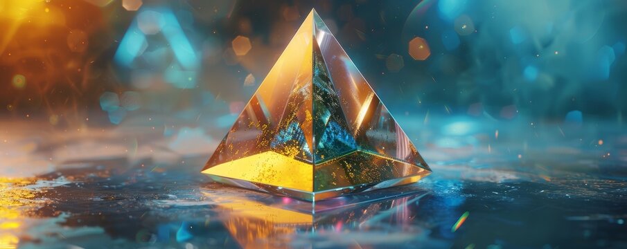 Reflective 3D tetrahedron with holo surfaces, 4K hyperrealistic photo