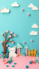 Papercraft landscape with cat, tree, and houses.