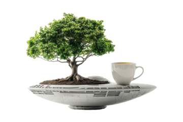 Tree on a Flying Saucer with Coffee Cup