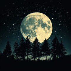 Full Moon Illuminating Silhouetted Pine Trees in a Starry Night