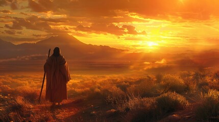 Jesus as a shepherd in a desert at dawn
