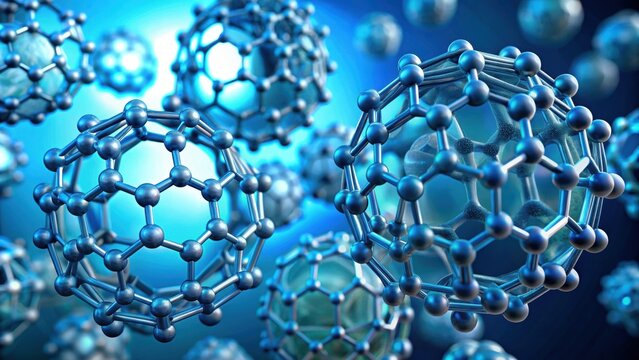 render of buckminsterfullerene molecules or buckyballs, chemistry, carbon atoms