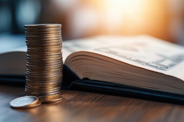 Coins stacked beside an open book, symbolizing finance, education, and learning about money management.