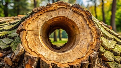 Fototapeta premium Chopped tree trunk with hollow center background, tree, wood, nature, hole, texture, rough, natural, tree rings