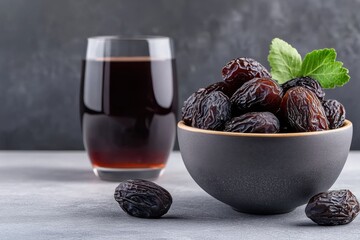 A bowl of fresh black dates garnished with mint leaves, accompanied by a glass of dark drink, set against a textured background.