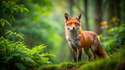 Fototapeta premium Red fox standing in a lush green forest habitat , wildlife, nature, animal, mammal, wilderness, fur, predator, forest, wild