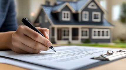 Fototapeta premium Hands of a homeowner signing a refinance agreement, close-up shot, luxurious home interior in the background, natural lighting, soft bokeh effect
