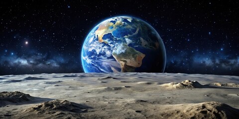View of the Earth from the surface of the Moon with dark sky and stars, space, moon, earth, view, planet