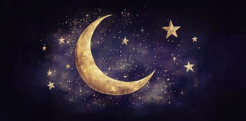 Golden Crescent Moon and Stars in a Night Sky